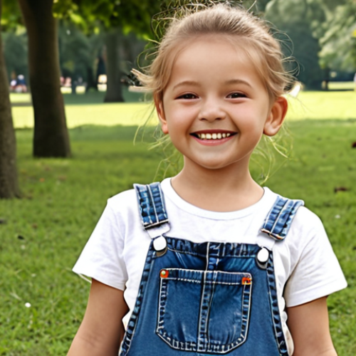 **A happy child playing freely in a park, wearing soft denim overalls and a white T-shirt.**