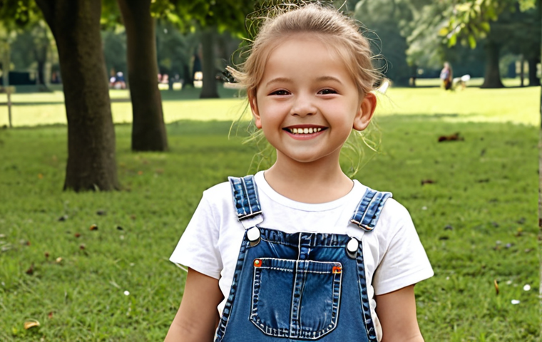 **A happy child playing freely in a park, wearing soft denim overalls and a white T-shirt.**